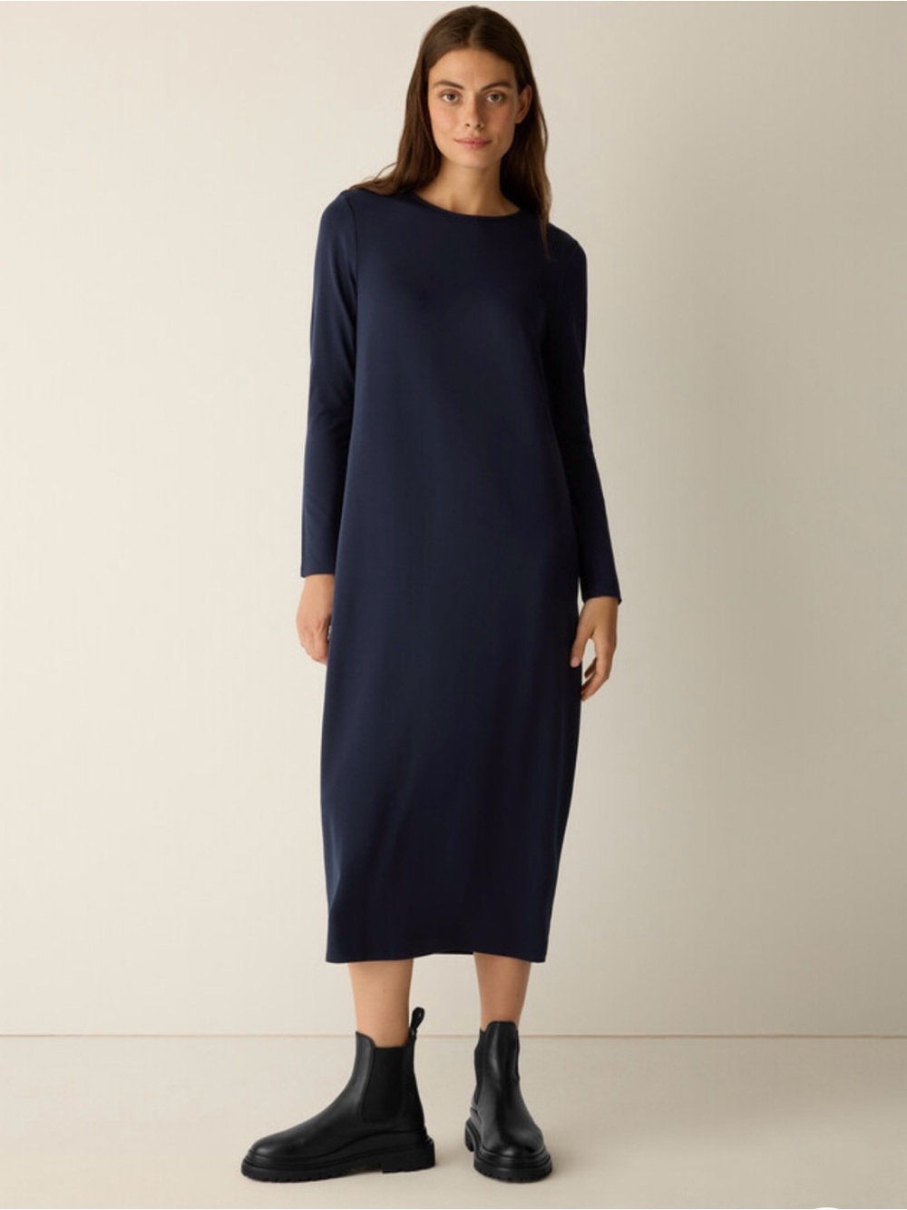 Eileen Fisher Stretch Jersey Knit Oval Dress in Ink Size PM. NWOT